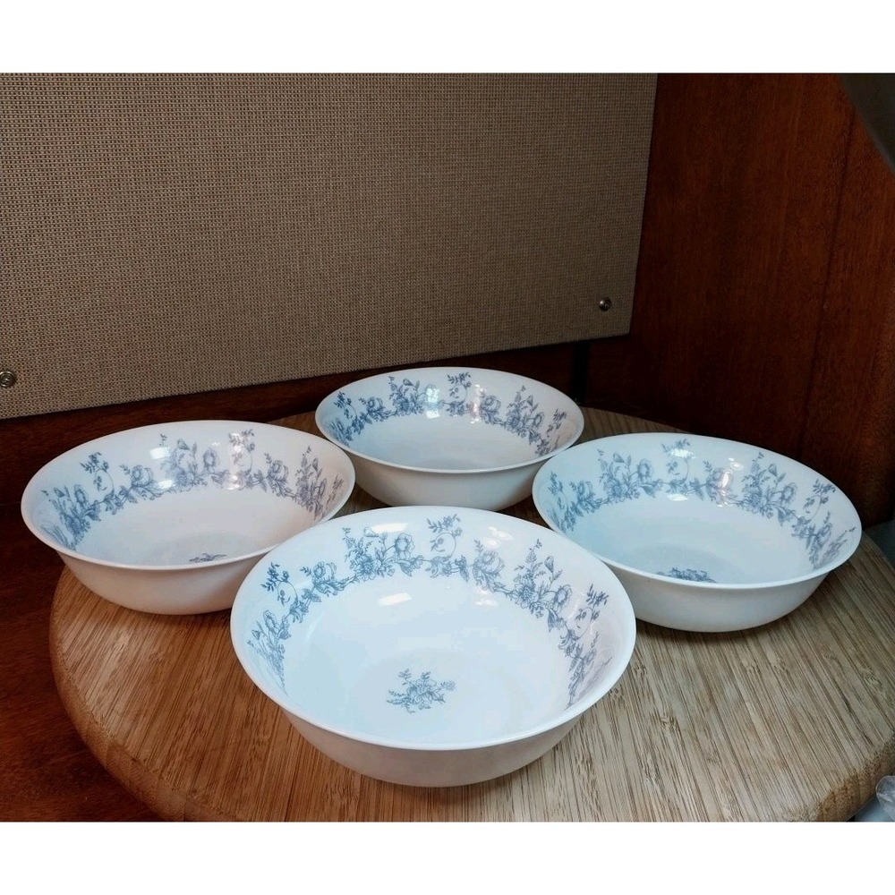 Set 4 Vtg Arcopal France Glenwood Cereal Soup Bowl 6 3/8" Blue Floral Milk Glass